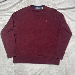 Polo Ralph Lauren 100% Wool Sweater Mens M V Neck Red L/S Jumper Pullover Pony